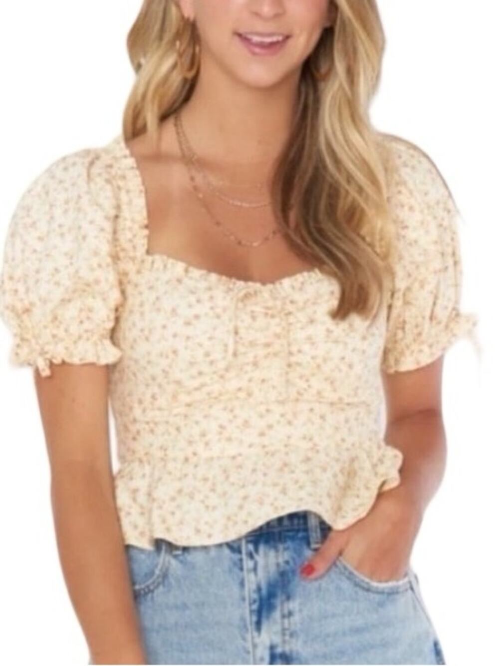Show Me Your MuMu Pale Yellow Floral Smocked Puff-Sleeve Square Neck Top XXL